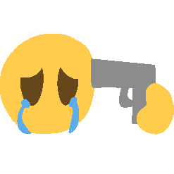 a distressed and crying emoji-yellow face pointing a cartoony gray gun to their head